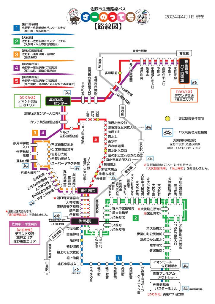 佐野市生活路線バス「さーのって号」路線図(令和6年4月1日から)