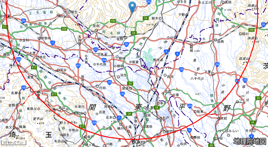 葛生駅から50キロメートルの地図