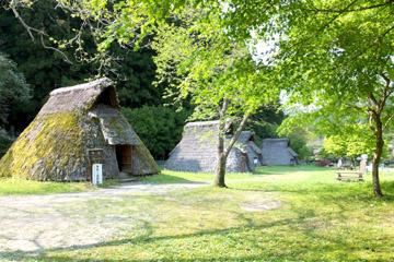 古代生活体験村の茅葺き屋根の小屋の写真