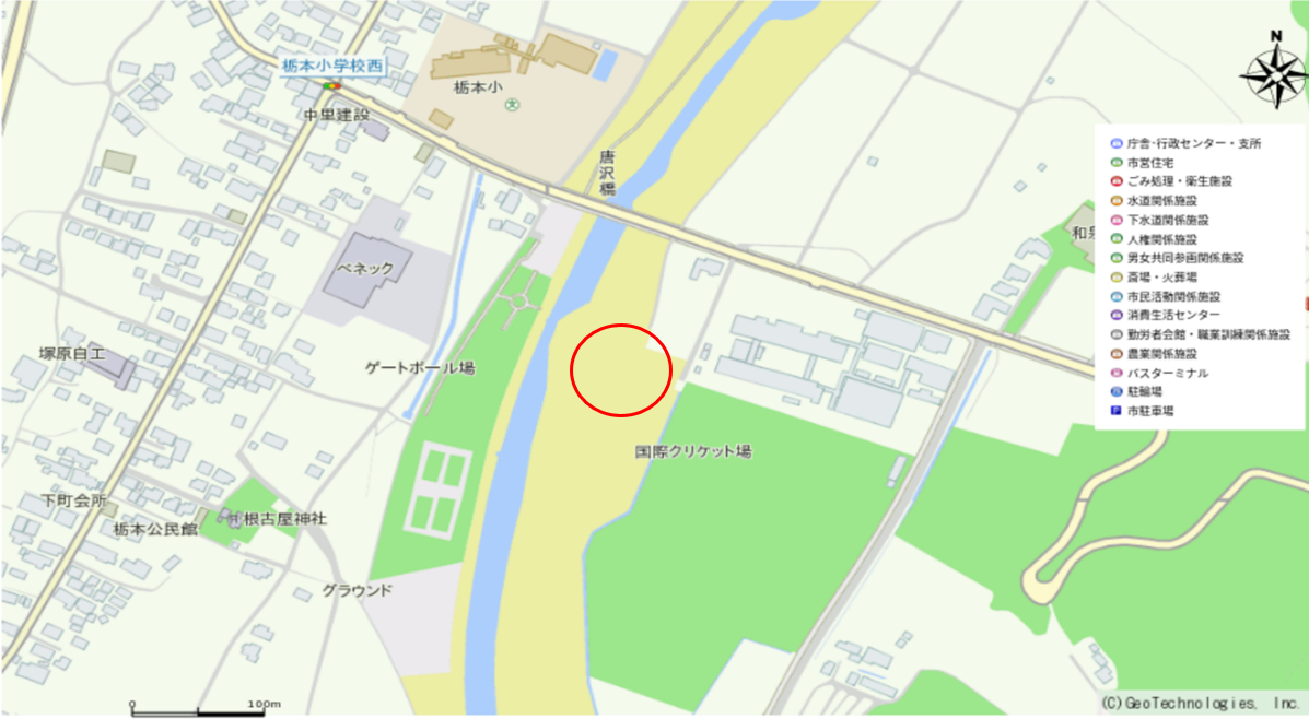 秋山川唐沢橋左岸(佐野市国際クリケット場横)の河川敷
