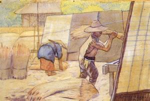 笠をかぶり収穫した麦を束ねている女性と麦わら帽子をかぶり束ねた麦を運んでいる男性が描かれた望月省三作水彩画「麦打ち」の写真