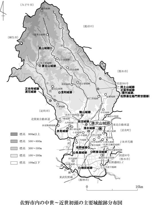 佐野市内の中世～近世初頭の主要城館跡分布図