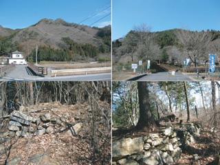 左上 山のふもとに1軒の二階建ての家が建っている写真、左下 石積みの周りに木々が生い茂っている写真、右上 真ん中に道があり木々の奥に山がある写真、右下  石積みの上に木が生えている写真