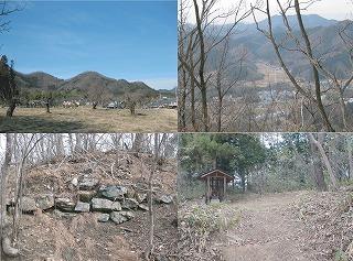 右上に須花城跡方面の遠景、右下に須花城跡本丸、左上に浅利城跡遠景、左下に浅利城跡の石垣の4枚の写真