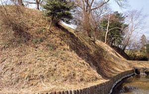 赤見城跡の本丸を囲む土塁と水堀と土塁の斜面に木が生えている写真