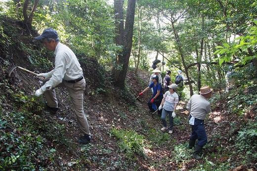 山の斜面に入り鎌をもって清掃活動をしているボランティア養成講座受講者たちの写真