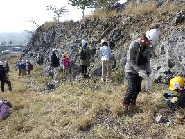 露頭で化石を採集する参加者達の写真