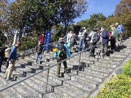 嘉多山公園の階段構造物の中の化石を探している様子の写真
