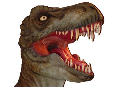 大きな牙をみせ口をひらいたティラノサウルスの頭部の模型の写真