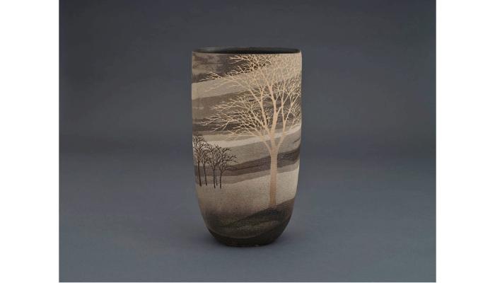 佐伯守美《練上象嵌樹木文扁壺》1990年