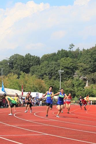 男女混合リレーでバトンを手渡し走り出す写真